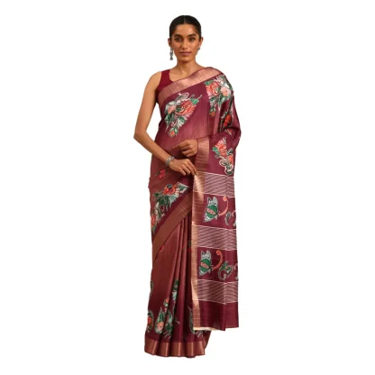 Women's Cotton Printed Saree With Unstitched Blouse 5.5Mtr (Brown)