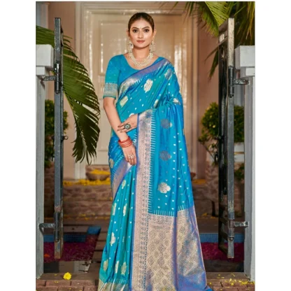 Women's Silk Woven Design Saree With Unstitched Blouse 5.5Mtr (SkyBlue) - Image 2