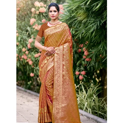 Women's Silk Printed Saree With Unstitched Blouse 5.5Mtr (Brown) - Image 2