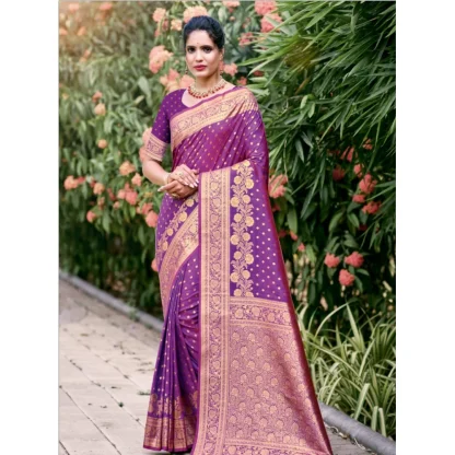 Women's Silk Woven Design Saree With Unstitched Blouse 5.5Mtr (Purple) - Image 2