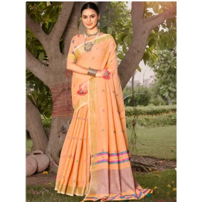 Women's Cotton Printed Saree With Unstitched Blouse 5.5Mtr (Peach) - Image 2