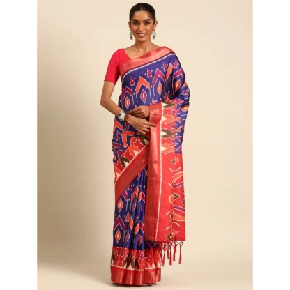 Women's Cotton Printed Saree With Unstitched Blouse 5.5Mtr (Blue) - Image 2