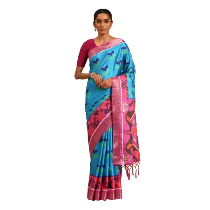 Women's Cotton Printed Saree With Unstitched Blouse 5.5Mtr (Blue)