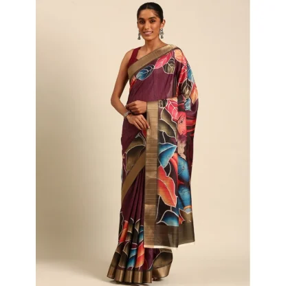 Women's Cotton Printed Saree With Unstitched Blouse 5.5Mtr (Maroon) - Image 2