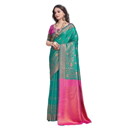 Women's Silk Woven Design Saree With Unstitched Blouse 5.5Mtr (Teal-Green)