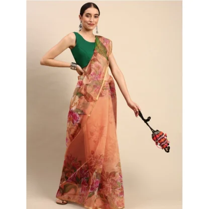 Women's Organza Printed Saree With Unstitched Blouse 5.5Mtr (Peach) - Image 2