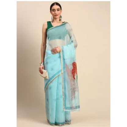 Women's Organza Printed Saree With Unstitched Blouse 5.5Mtr (Sky Blue) - Image 2