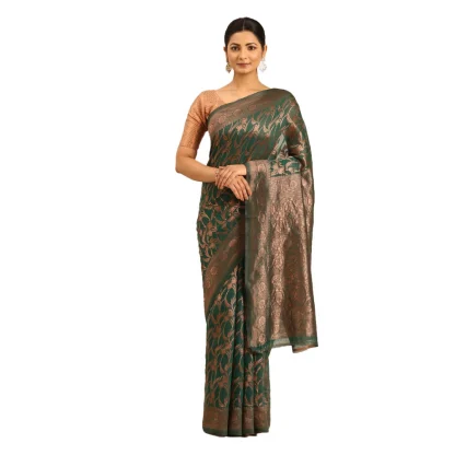 Women's Cotton Woven Design Saree With Unstitched Blouse 5.5Mtr (Green)