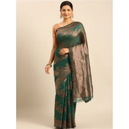 Women's Cotton Woven Design Saree With Unstitched Blouse 5.5Mtr (Green) - Image 2