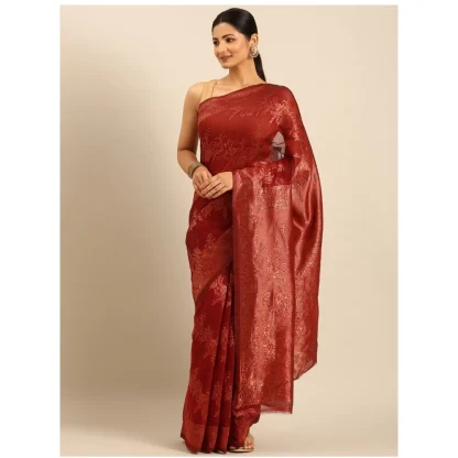 Women's Cotton Woven Design Saree With Unstitched Blouse 5.5Mtr (Red) - Image 2