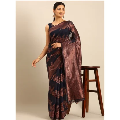 Women's Cotton Woven Design Saree With Unstitched Blouse 5.5Mtr (Black) - Image 2