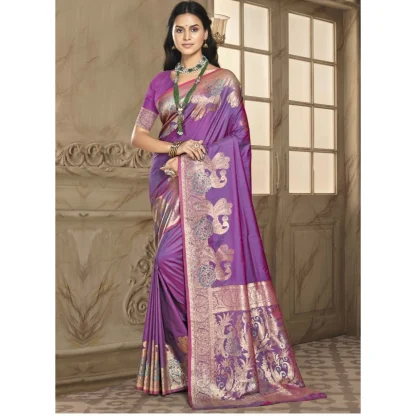 Women's Silk Woven Design Saree With Unstitched Blouse 5.5Mtr (Purple) - Image 2