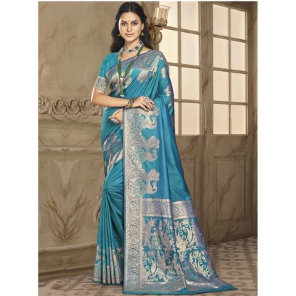 Women's Silk Woven Design Saree With Unstitched Blouse 5.5Mtr (Blue) - Image 2