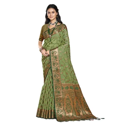 Women's Organza Woven Design Saree With Unstitched Blouse 5.5Mtr (Green)