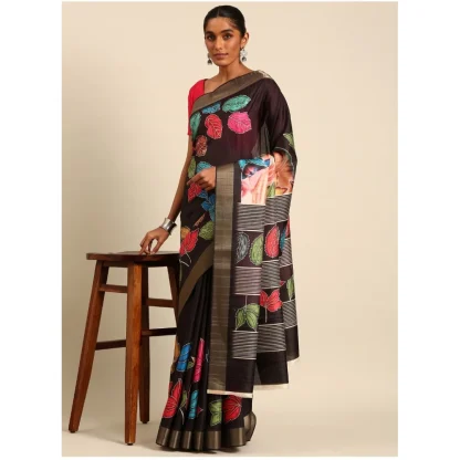 Women's Cotton Printed Saree With Unstitched Blouse 5.5Mtr (Black) - Image 2