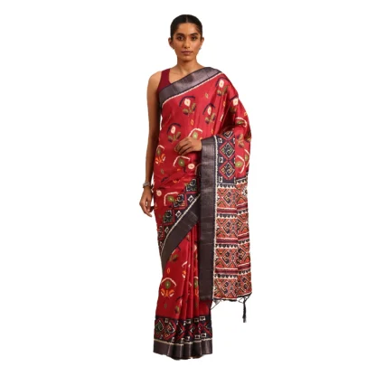 Women's Cotton Printed Saree With Unstitched Blouse 5.5Mtr (Red)