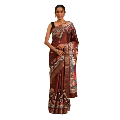 Women's Cotton Printed Saree With Unstitched Blouse 5.5Mtr (Brown)