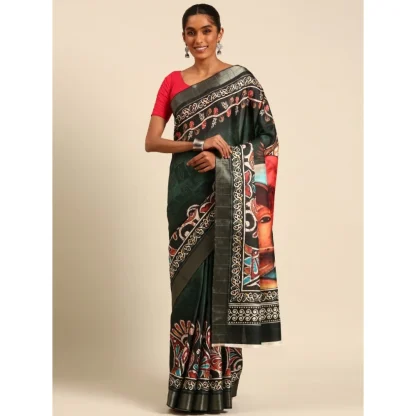 Women's Cotton Printed Saree With Unstitched Blouse 5.5Mtr (Green) - Image 2