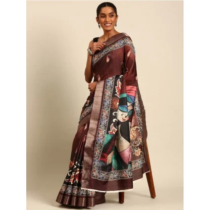 Women's Cotton Printed Saree With Unstitched Blouse 5.5Mtr (Brown)