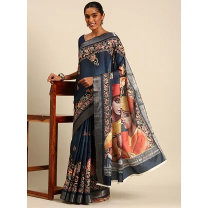 Women's Cotton Printed Saree With Unstitched Blouse 5.5Mtr (Navy-Blue)