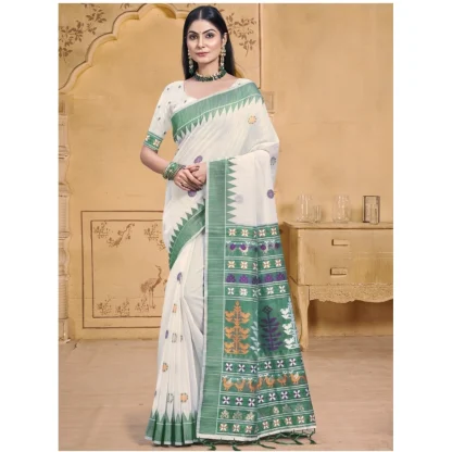 Women's Cotton Printed Saree With Unstitched Blouse 5.5Mtr (Green) - Image 2