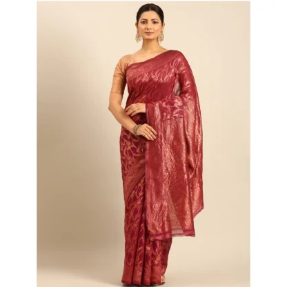 Women's Cotton Woven Design Saree With Unstitched Blouse 5.5Mtr (Magenta) - Image 2