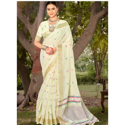 Women's Cotton Printed Saree With Unstitched Blouse 5.5Mtr (Off white) - Image 2