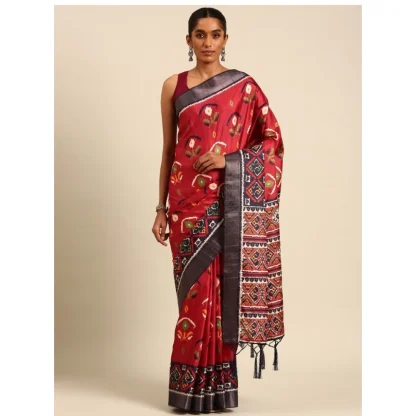 Women's Cotton Printed Saree With Unstitched Blouse 5.5Mtr (Red) - Image 2