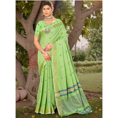 Women's Cotton Printed Saree With Unstitched Blouse 5.5Mtr (Green) - Image 2