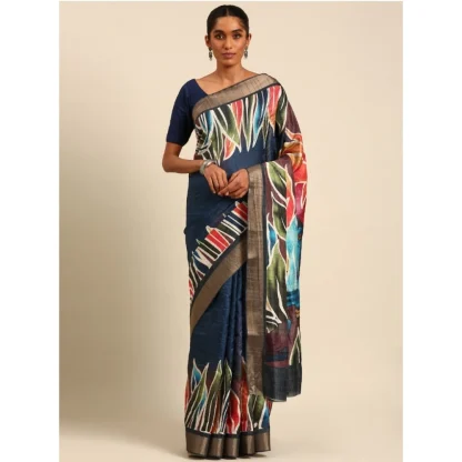 Women's Cotton Printed Saree With Unstitched Blouse 5.5Mtr (Navy-Blue) - Image 2