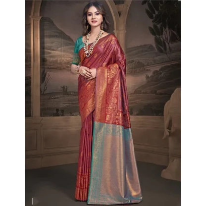 Women's Silk Woven Design Saree With Unstitched Blouse 5.5Mtr (Maroon) - Image 2