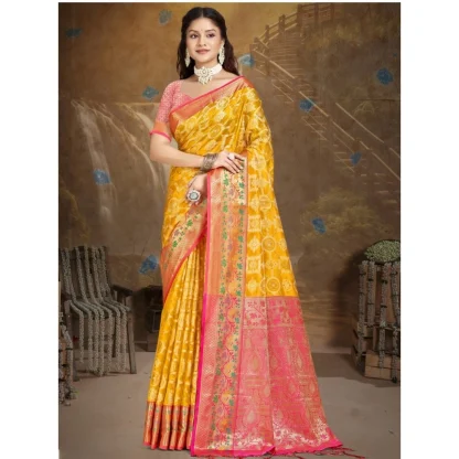 Women's Silk Woven Design Saree With Unstitched Blouse 5.5Mtr (Yellow) - Image 2