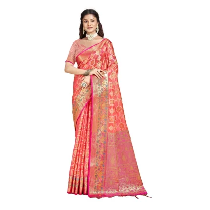 Women's Silk Woven Design Saree With Unstitched Blouse 5.5Mtr (Pink)