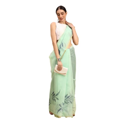 Women's Organza Floral Print Saree With Unstitched Blouse 5.5Mtr (Sea Green)