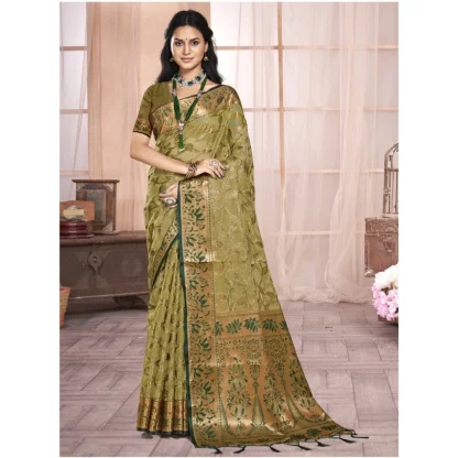 Women's Organza Woven Design Saree With Unstitched Blouse 5.5Mtr (Olive-green) - Image 2