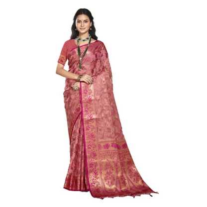 Women's Organza Woven Design Saree With Unstitched Blouse 5.5Mtr (Pink)