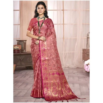 Women's Organza Woven Design Saree With Unstitched Blouse 5.5Mtr (Pink) - Image 2