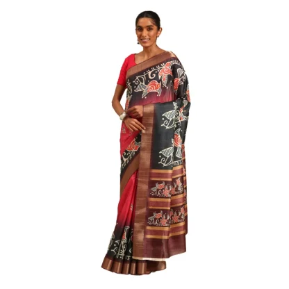 Women's Cotton Printed Saree With Unstitched Blouse 5.5Mtr (Pink-Black)