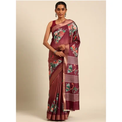 Women's Cotton Printed Saree With Unstitched Blouse 5.5Mtr (Brown) - Image 2