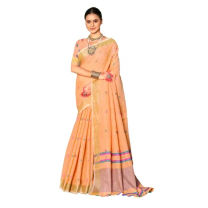 Women's Cotton Printed Saree With Unstitched Blouse 5.5Mtr (Peach)