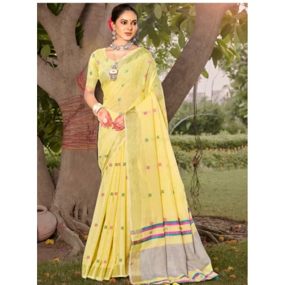 Women's Cotton Printed Saree With Unstitched Blouse 5.5Mtr (Yellow) - Image 2