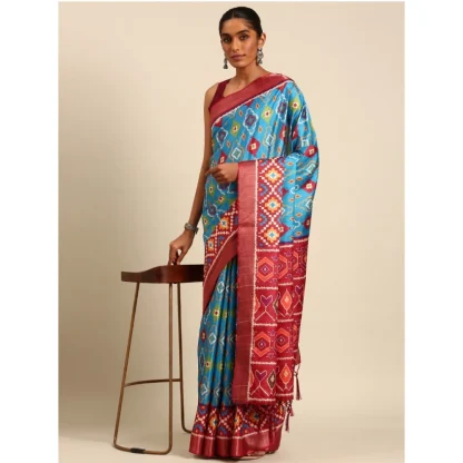 Women's Cotton Printed Saree With Unstitched Blouse 5.5Mtr (SkyBlue) - Image 2