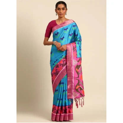 Women's Cotton Printed Saree With Unstitched Blouse 5.5Mtr (Blue) - Image 2