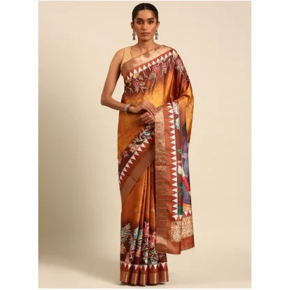 Women's Cotton Printed Saree With Unstitched Blouse 5.5Mtr (Gold) - Image 2