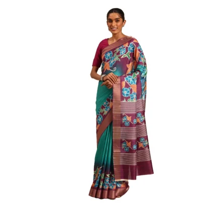 Women's Cotton Printed Saree With Unstitched Blouse 5.5Mtr (Green)