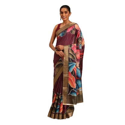 Women's Cotton Printed Saree With Unstitched Blouse 5.5Mtr (Maroon)