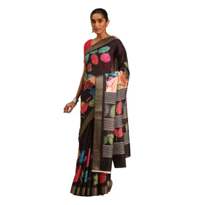 Women's Cotton Printed Saree With Unstitched Blouse 5.5Mtr (Black)