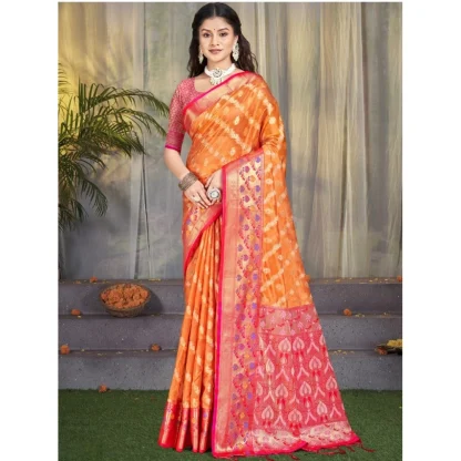 Women's Silk Woven Design Saree With Unstitched Blouse 5.5Mtr (Orange) - Image 2