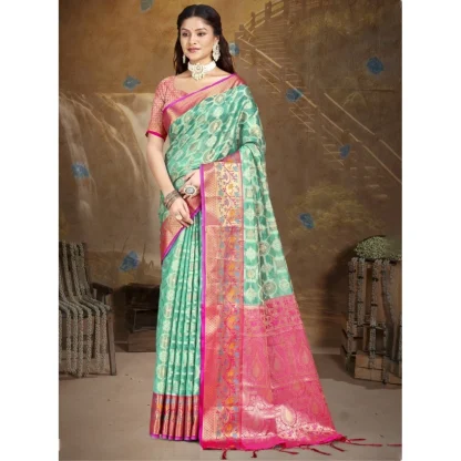 Women's Silk Woven Design Saree With Unstitched Blouse 5.5Mtr (Green) - Image 2