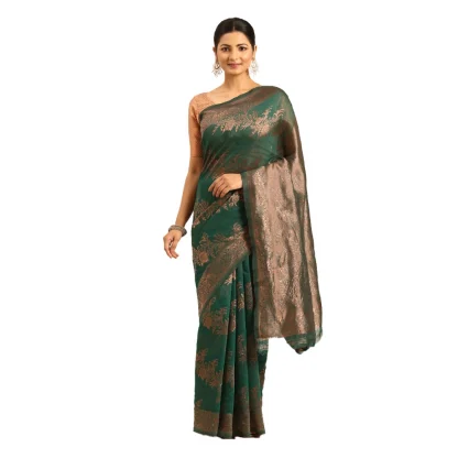 Women's Cotton Woven Design Saree With Unstitched Blouse 5.5Mtr (Green)